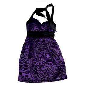 HALTER NECK STRAP BACKLESS PURPLE ANIMAL PRINT DRESS